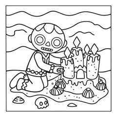 Spooky Summer – Cute and Easy Coloring Pages for All Ages | Fun Halloween-Inspired Summer Scenes | Line art vector illustration Print | Summer Coloring Page | Cute Scary Coloring page