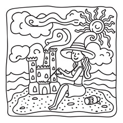 Spooky Summer – Cute and Easy Coloring Pages for All Ages | Fun Halloween-Inspired Summer Scenes | Line art vector illustration Print | Summer Coloring Page | Cute Scary Coloring page