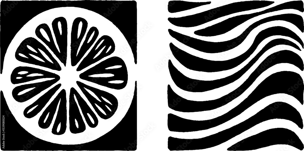 Poster abstract geometric design with lemon slice and wavy lines for artistic use