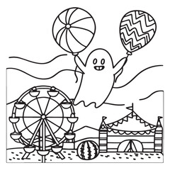 Spooky Summer – Cute and Easy Coloring Pages for All Ages | Fun Halloween-Inspired Summer Scenes | Line art vector illustration Print | Summer Coloring Page | Cute Scary Coloring page