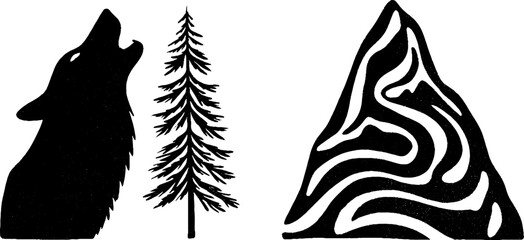 Dynamic wilderness silhouettes featuring howling wolf, tall pine tree, and abstract mountain design for nature art
