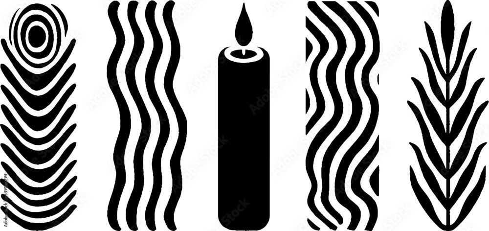 Poster abstract design elements with journal edge patterns, leaf imprint, and candle symbol