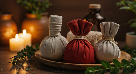 Aromatherapy pouches with soothing ambiance, candlelight, and herbal decor for wellness concept