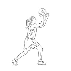 Line Art Handdrawn Action Woman Playing Basketball Sport Illustration