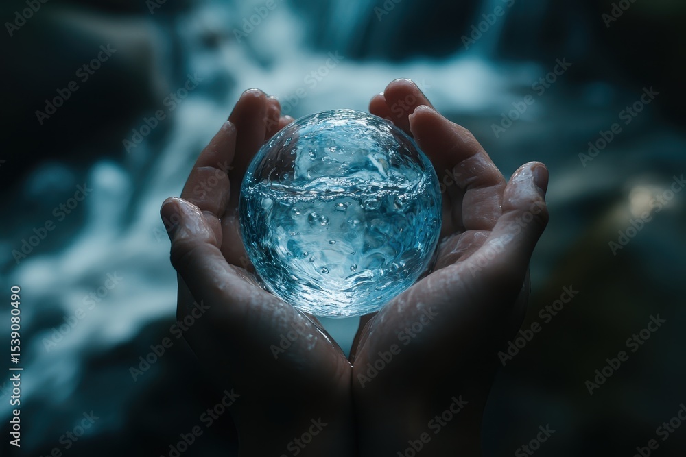 Poster mysterious floating orb of water held in enchanted hands by a serene waterfall at twilight, mysterio