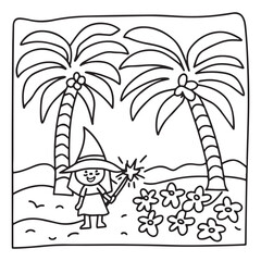 Spooky Summer – Cute and Easy Coloring Pages for All Ages | Fun Halloween-Inspired Summer Scenes | Line art vector illustration Print | Summer Coloring Page | Cute Scary Coloring page