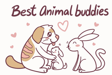 Cute doodle style animal friends cat dog and rabbit illustration