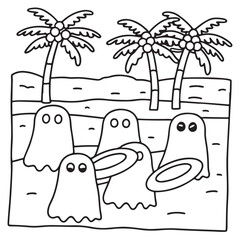 Spooky Summer – Cute and Easy Coloring Pages for All Ages | Fun Halloween-Inspired Summer Scenes | Line art vector illustration Print | Summer Coloring Page | Cute Scary Coloring page