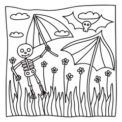 Spooky Summer – Cute and Easy Coloring Pages for All Ages | Fun Halloween-Inspired Summer Scenes | Line art vector illustration Print | Summer Coloring Page | Cute Scary Coloring page