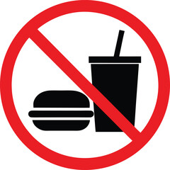 No food icon. Prohibited sign with burger and drink vector illustration. Eating and drinking restriction symbol for designated areas like public transport, offices or clean zones.