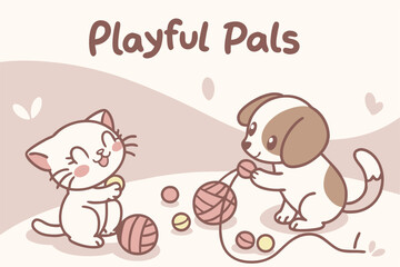 Cute doodle pets playing with yarn and balls