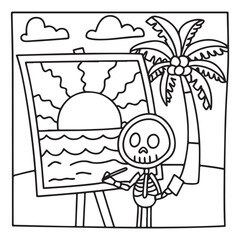 Spooky Summer – Cute and Easy Coloring Pages for All Ages | Fun Halloween-Inspired Summer Scenes | Line art vector illustration Print | Summer Coloring Page | Cute Scary Coloring page