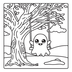 Spooky Summer – Cute and Easy Coloring Pages for All Ages | Fun Halloween-Inspired Summer Scenes | Line art vector illustration Print | Summer Coloring Page | Cute Scary Coloring page
