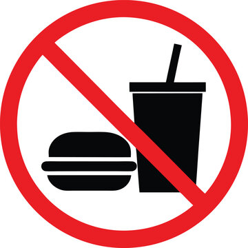 No food icon. Prohibited sign with burger and drink vector illustration. Eating and drinking restriction symbol for designated areas like public transport, offices or clean zones.