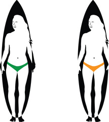 Two women on surfboards silhouette style, Body positive surfing women design graphic