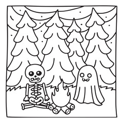 Spooky Summer – Cute and Easy Coloring Pages for All Ages | Fun Halloween-Inspired Summer Scenes | Line art vector illustration Print | Summer Coloring Page | Cute Scary Coloring page