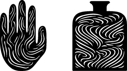 Intricate lace glove and perfume bottle design with curved patterns