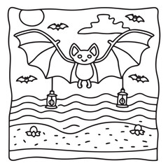 Spooky Summer – Cute and Easy Coloring Pages for All Ages | Fun Halloween-Inspired Summer Scenes | Line art vector illustration Print | Summer Coloring Page | Cute Scary Coloring page