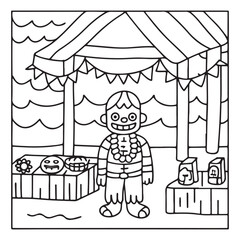Spooky Summer – Cute and Easy Coloring Pages for All Ages | Fun Halloween-Inspired Summer Scenes | Line art vector illustration Print | Summer Coloring Page | Cute Scary Coloring page