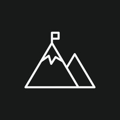 Mountain Peak with Flag on Black Background, Representing Achievement, Goals, or Adventure, White Outline Icon