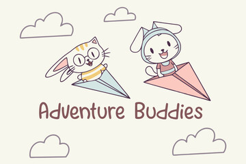 Cute doodle animals flying paper airplanes