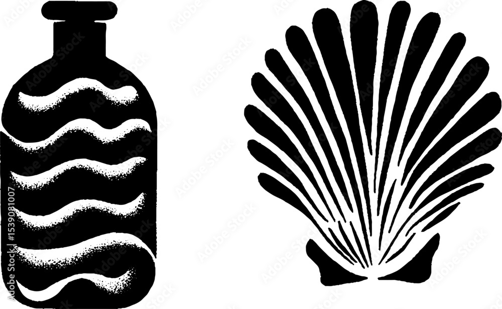 Poster nautical elements: message bottle and seashell design for coastal decor