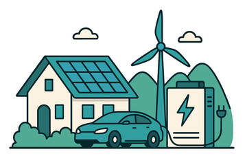 Obraz premium A house equipped with photovoltaic solar panels and a virtual battery energy storage system can also incorporate wind power and rechargeable li-ion backup electricity for electric car charging on an