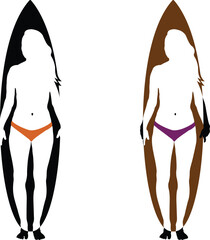 Diverse women on surfboards silhouettes, Inclusive beach theme with female surfers