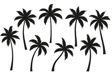 Naklejka premium The contours of tropical plants, including palm trees, are featured in a black and white illustration that can be used as a tattoo design, highlighting their silhouettes in a collection