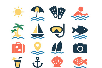 The icon set for sea and summer vacation represents tourism symbols, including concepts of outdoor activities and marine life in a solid vector collection