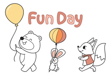 Cute animal friends holding ball rounded font illustration