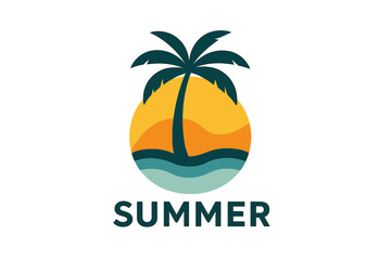 Naklejka premium Vector logo template incorporating a palm tree, embodying the essence of abstract summer and vacation themes, ideal for use as badges or emblems by businesses offering holiday rentals, travel