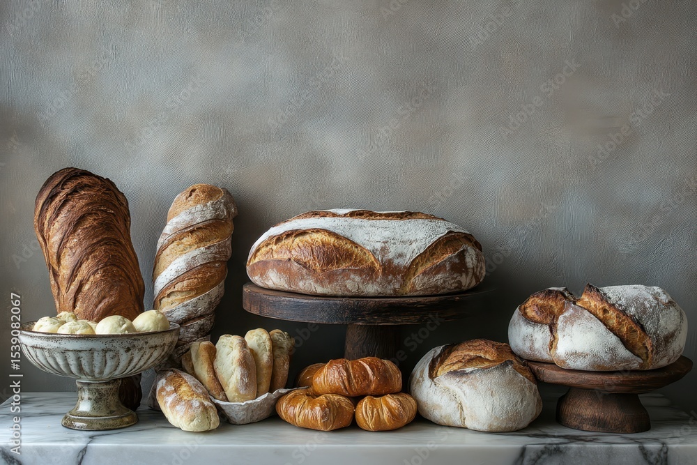 Poster assorted bakery products featuring fresh loaves of bread on display in a rustic setting, assorted ba