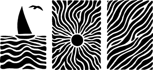 Minimalist nautical design set with sailboat, star, and seagull for art prints