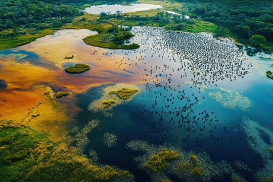 Stunning aerial view of Kakadu wetlands with migrating birds in serene waters, Kakadu wetlands aerial landscape Migrating birds on lakeside Australia NT