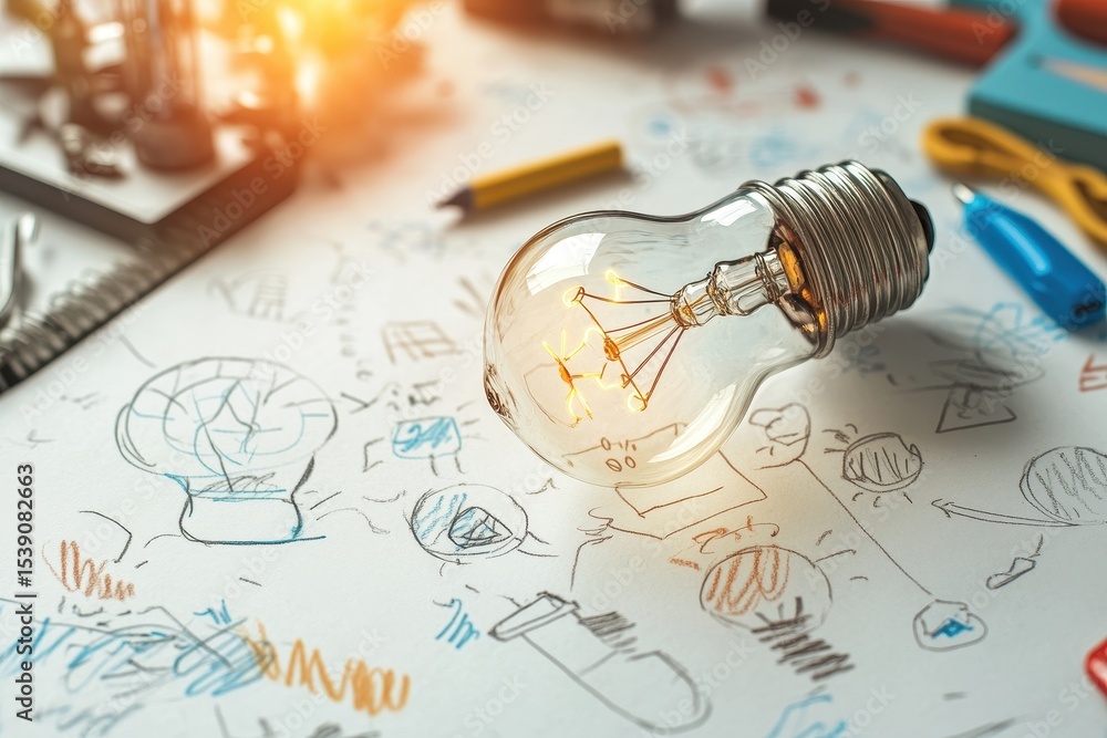 Poster creative concept of lightbulb alongside tool sketches illustrating innovative ideas and brainstormin