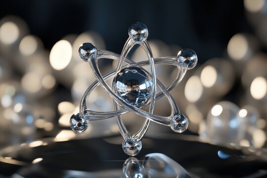 Shiny atom model representing atomic structure illuminated with soft background light, shiny atom model able