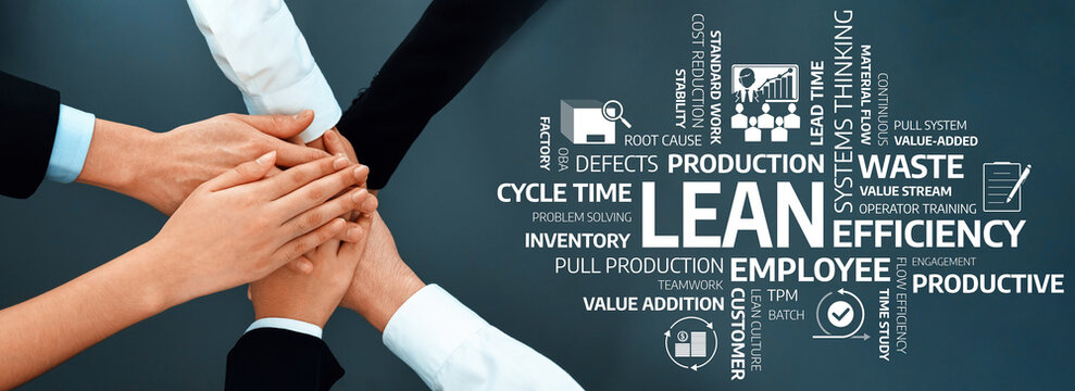 This image showcases hands joining together, symbolizing teamwork and collaboration in a corporate setting focused on lean principles and efficiency strategies. Amity