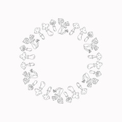 Frame fly agaric, mushrooms. Drawing, doodles. Autumn round banner, poster. Set. Poisonous mushrooms. Isolated background. Halloween. Vector illustration.