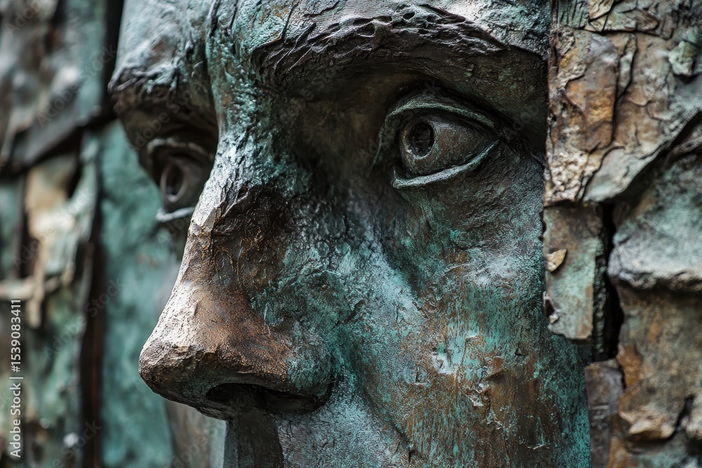 Poster detail of the expressive face of the franz kafka monument in prague highlighting intricate textures,