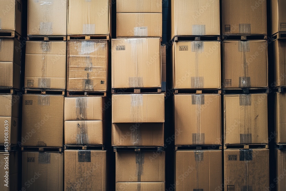 Poster stacked brown boxes organized neatly against a container in a tidy warehouse setting, stacking brown