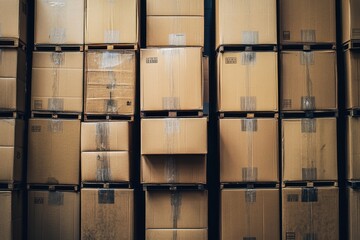 Stacked brown boxes organized neatly against a container in a tidy warehouse setting, Stacking brown boxes against container, tidy warehouse setting