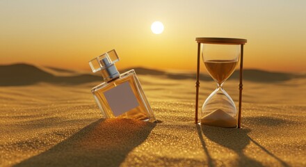 Perfume bottle and hourglass in desert sand at sunset