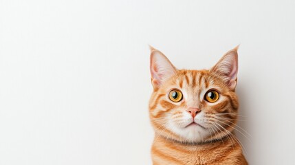 Fototapeta premium Curious Ginger Cat Portrait Close-up, White Background, Pet Photography Pet photography, ginger cat