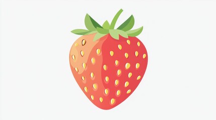 Fototapeta premium Cartoon strawberry Red, textured surface dotted with yellow seeds, green leafy top