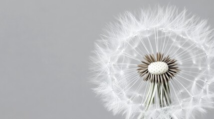 Fototapeta premium Dandelion Seed Head Close-up Minimalist Gray Background Composition, Nature Photography Dandelion, Macro photography