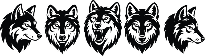 
A fierce collection of wolf head mascots, showing snarling and stoic expressions, perfect for sports team logos, emblems, and icons.