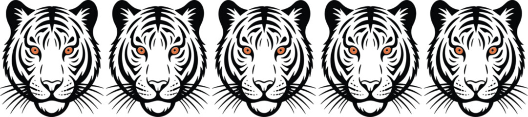 Intense Tiger Faces Vector Set, Majestic Big Cat, Wild Animal Head, Striking Orange Eyes, Black and White Illustration, Powerful Predator Design, Isolated.