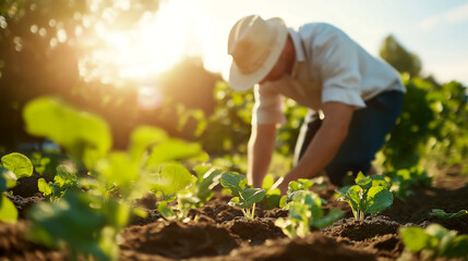 French farmer checks soil moisture in vegetable garden during golden hour