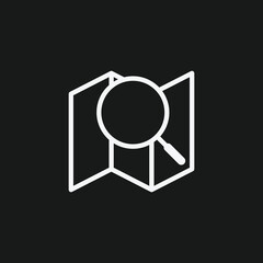 Map with Magnifying Glass on Black Background, Representing Map Search or Location Discovery, White Outline Icon